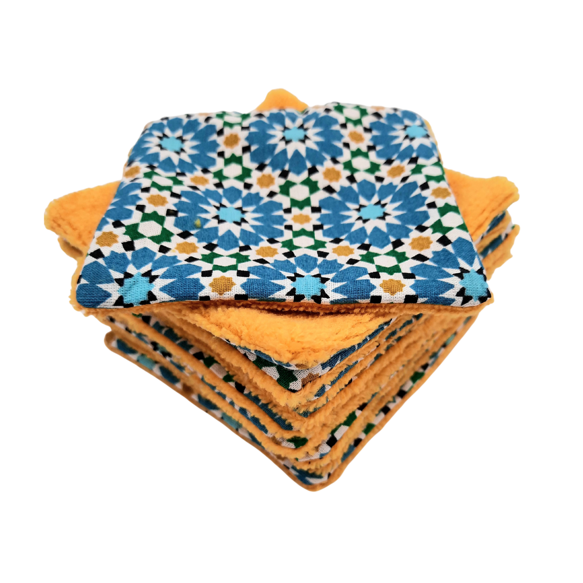 lot de 10 lingettes lavables fleur bleu et fibre de bambou jaune moutarde