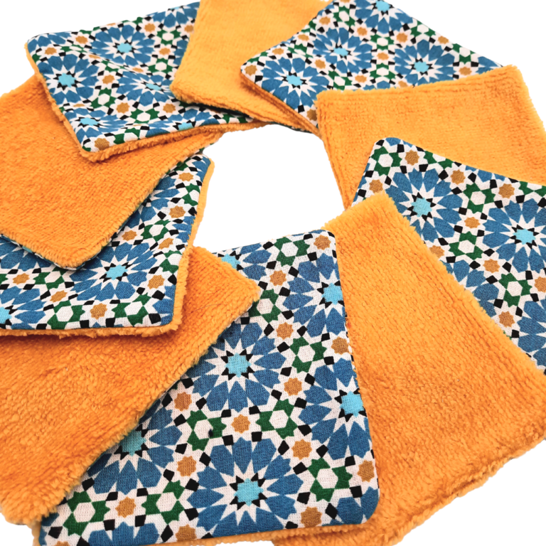 Lot de 10 lingettes lavables en coton & Éponge de bambou - Fleurs bleues  -MA PETITE COUTURE