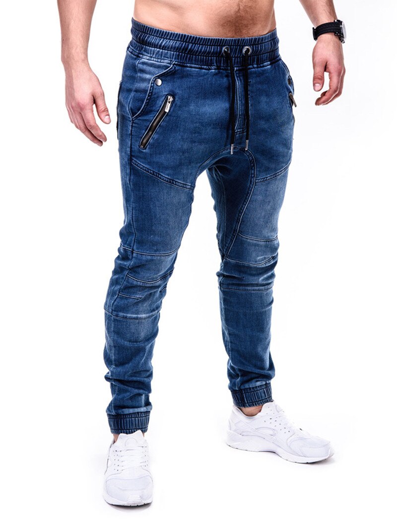 Jean-Vintage-froiss-pour-homme-couleur-unie-bleu-classique-Cargo-poches-fermeture-clair-style-Hip-hop