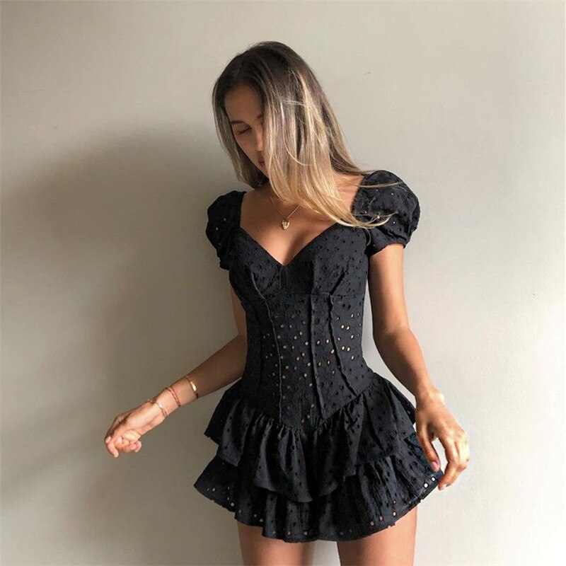 Robe-pliss-e-col-en-V-pour-femmes-nouvelle-mode-manches-bouffantes-Chic-noir-robe-de