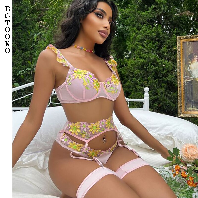 ECTOOKO-ensemble-de-Lingerie-Sexy-3-pi-ces-rose-avec-bas-motifs-floraux-brod-s-sous