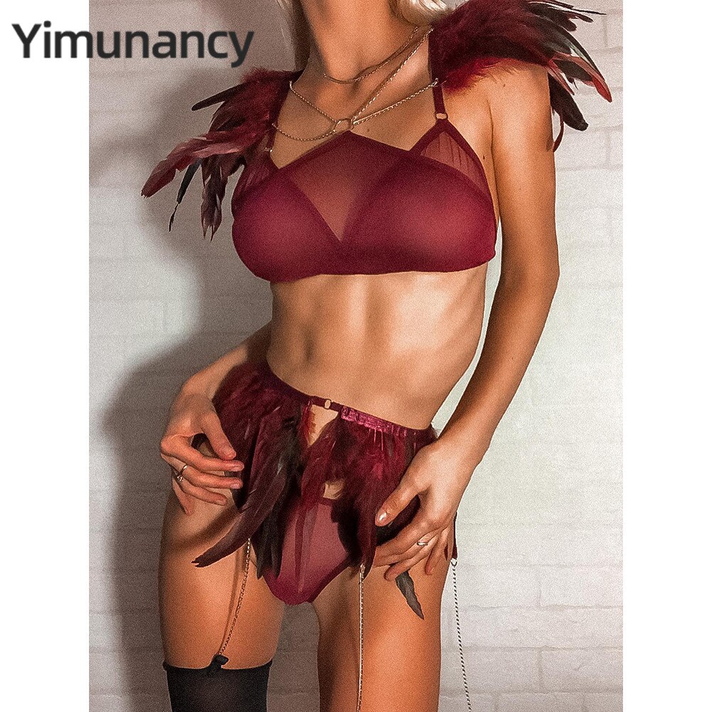 Yimunancy-ensemble-de-Lingerie-transparente-en-maille-3-pi-ces-plumes-Vintage-exotique-sous-v-tements