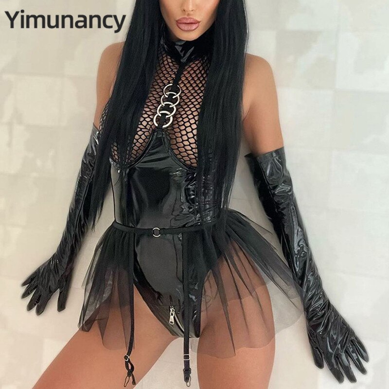 Yimunancy-Body-une-pi-ce-en-cuir-PU-pour-femmes-combinaison-en-maille-Patchwork-noir-Sexy