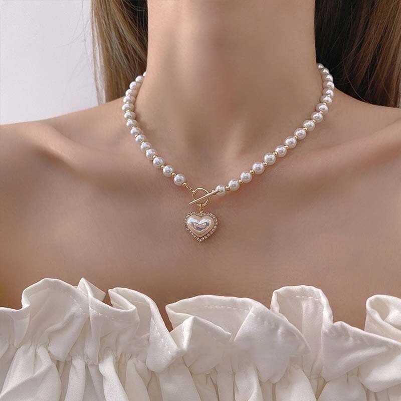Collier-Imitation-de-perles-et-c-ur-pour-femmes-nouveau-Style-Super-f-e-Style-froid