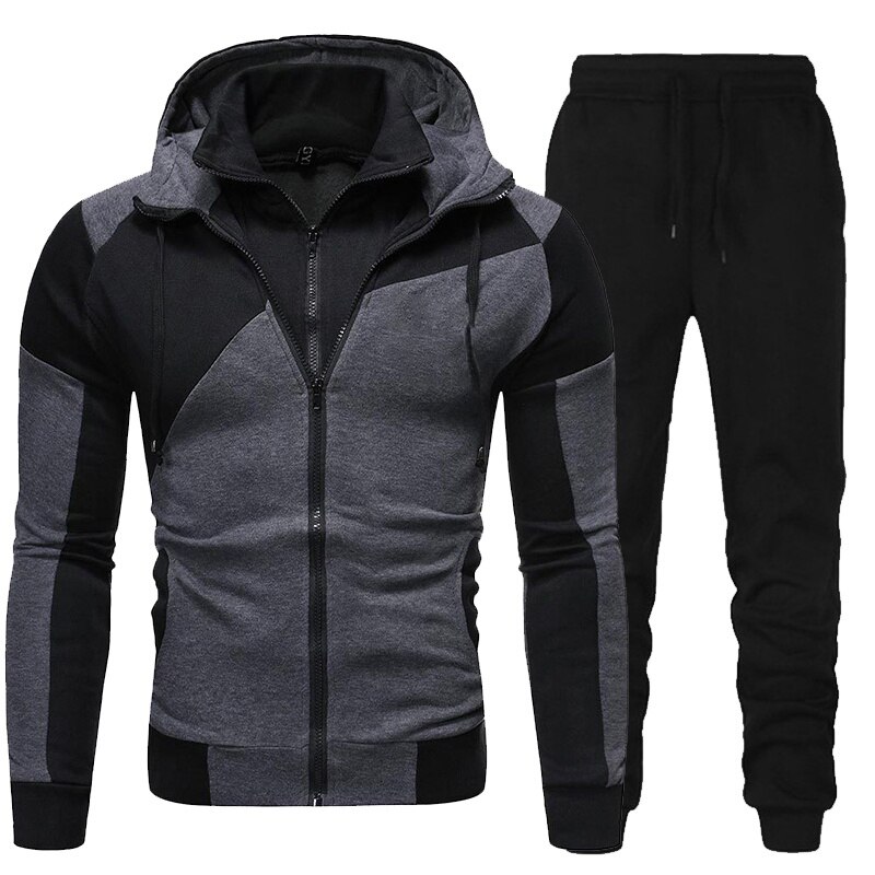 Ensemble-de-surv-tements-pour-hommes-sweat-capuche-manches-longues-fermeture-clair-pantalon-de-Jogging-Patchwork