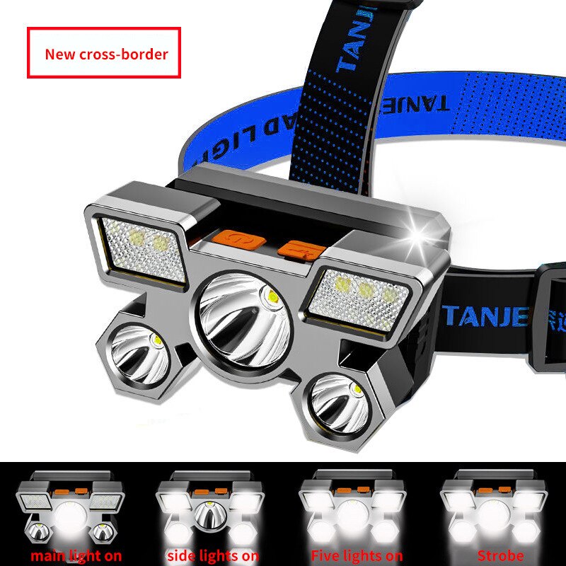 Lampe-frontale-Led-cinq-t-tes-lumi-re-forte-Rechargeable-par-USB-petite-lampe-de-poche