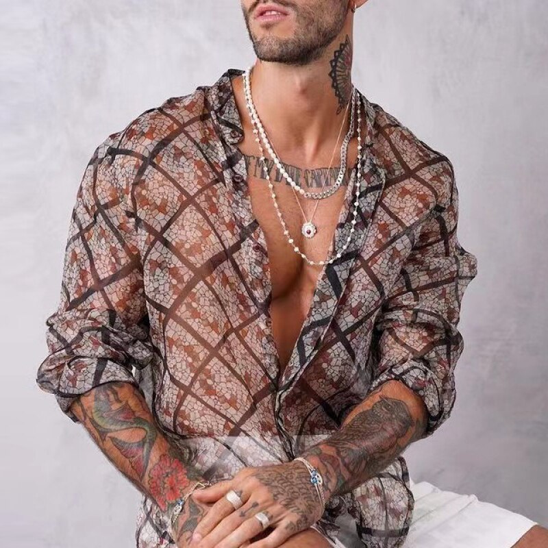 Chemise-manches-longues-pour-homme-Cardigan-Sexy-en-maille-transparente-avec-col-rabattu-et-boutons-d