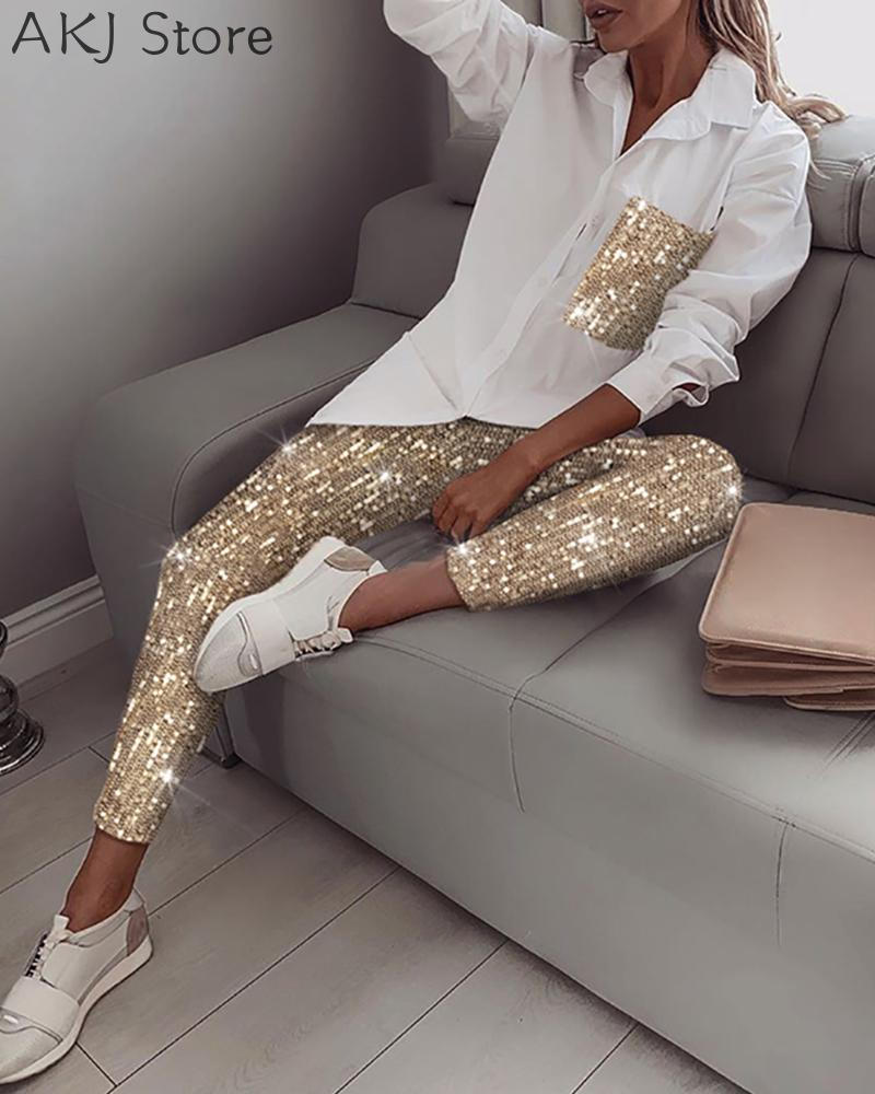 Ensemble-chemise-paillettes-manches-longues-pour-femmes-pantalon-paillettes-scintillantes