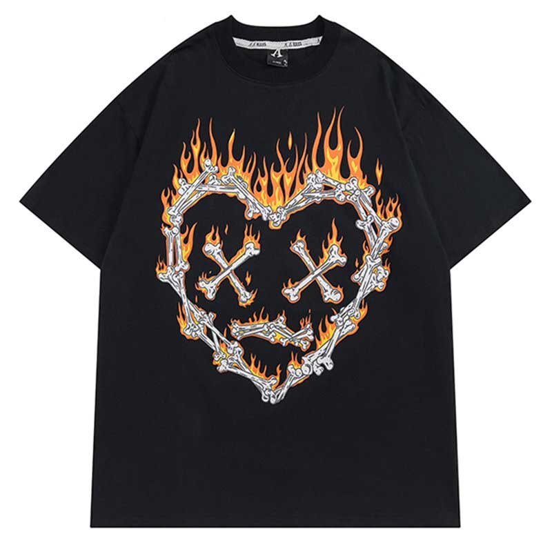 T-shirt-manches-courtes-pour-hommes-Streetwear-Hip-Hop-estival-et-ample-en-coton-avec-flamme