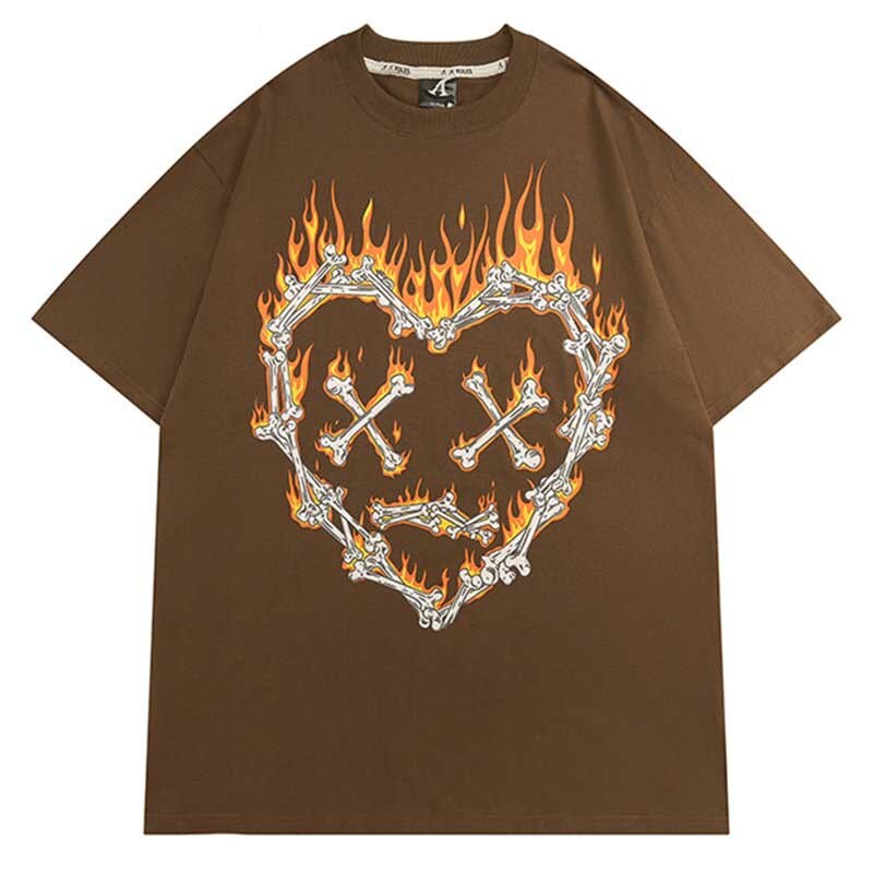 T-shirt-manches-courtes-pour-hommes-Streetwear-Hip-Hop-estival-et-ample-en-coton-avec-flamme