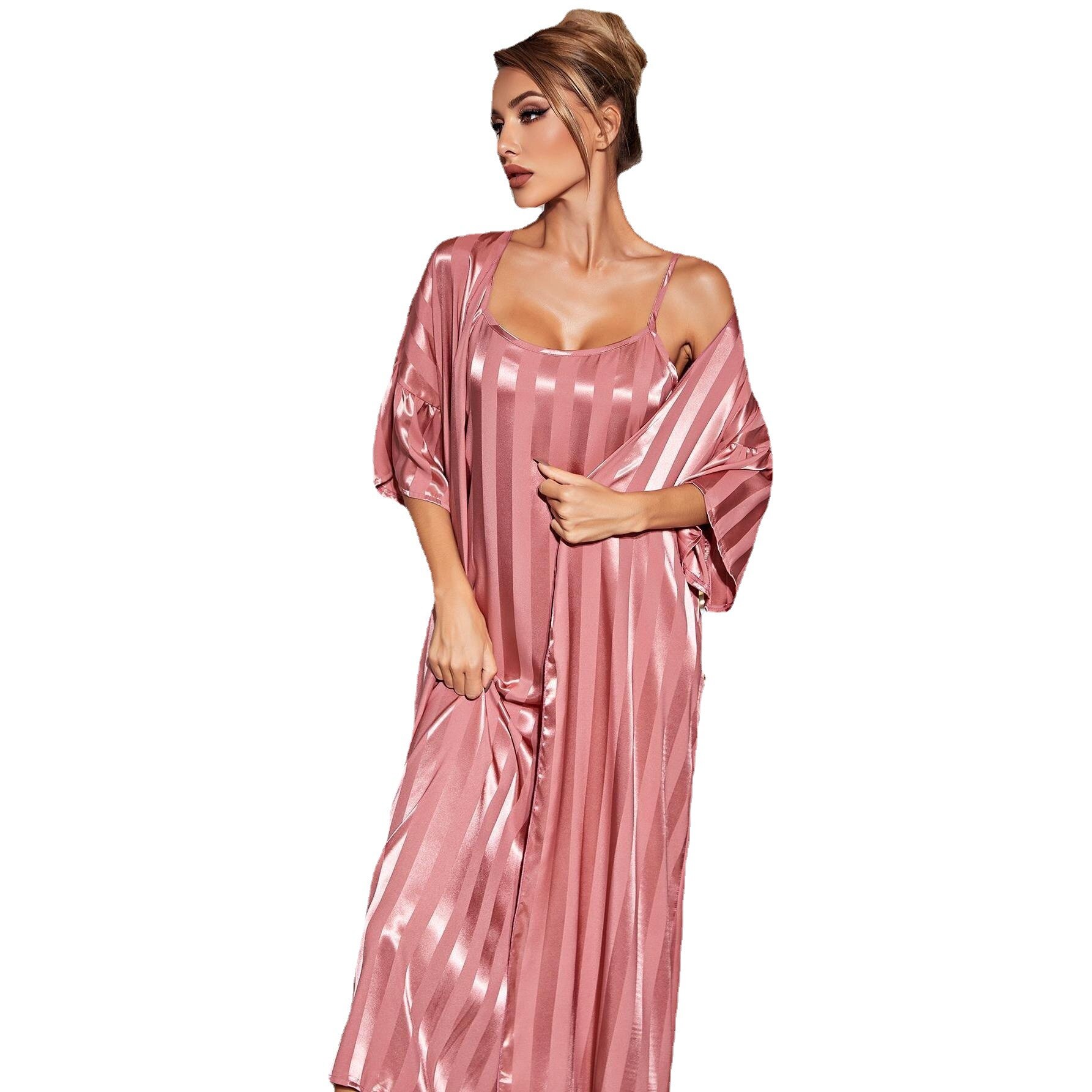 Pyjama-sans-manches-pour-femmes-2-pi-ces-robe-de-nuit-demi-manches-charpe-robe-Maxi