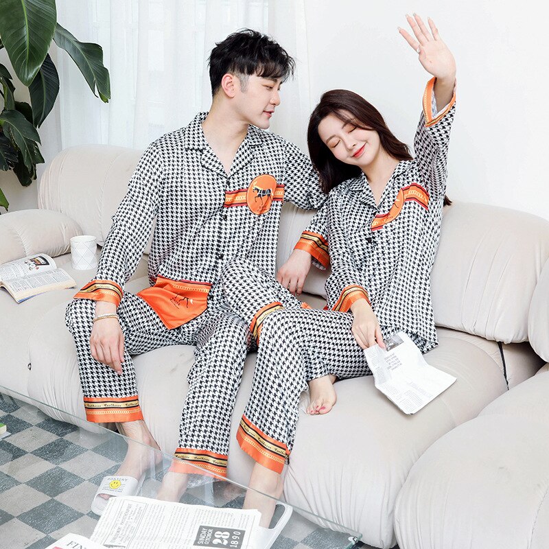 Pyjama-en-soie-pour-Couple-ensemble-deux-pi-ces-manches-longues-bouton-pantalon-Cardigan-pied-de