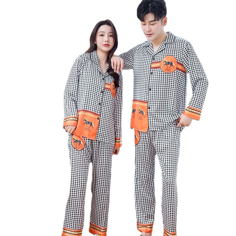 Pyjama-en-soie-pour-Couple-ensemble-deux-pi-ces-manches-longues-bouton-pantalon-Cardigan-pied-de