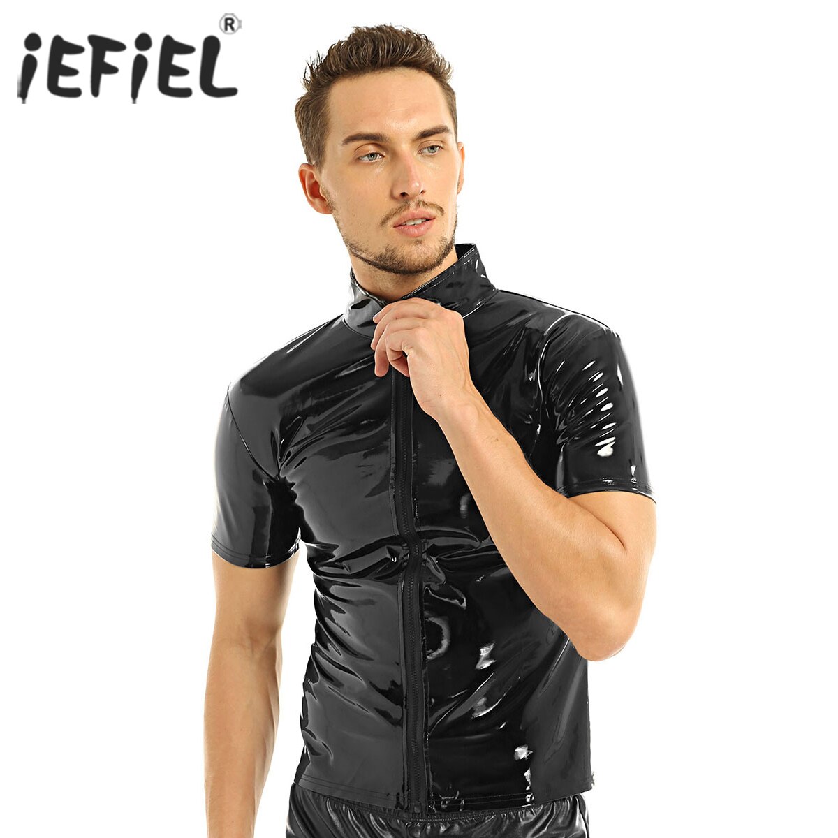 IEFiEL-Costumes-unisexe-nouveaut-m-tallique-Hipster-en-PVC-et-cuir-manches-courtes-fermeture-clair-sur