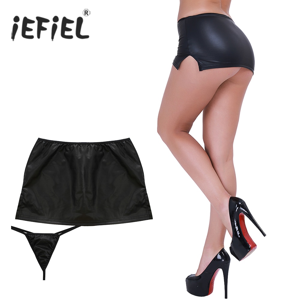 IEFiEL-Mini-jupe-noire-Sexy-pour-Femme-tenue-de-soir-e-en-Latex-Look-mouill-avec