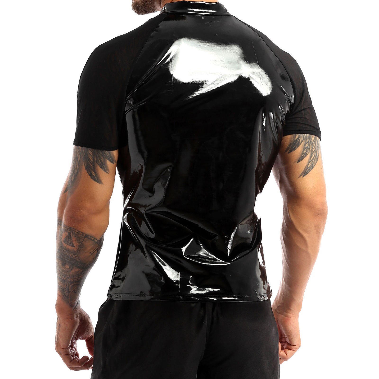 Costume-de-danse-p-le-en-cuir-verni-pour-homme-tenue-transparente-manches-courtes-demi-devant