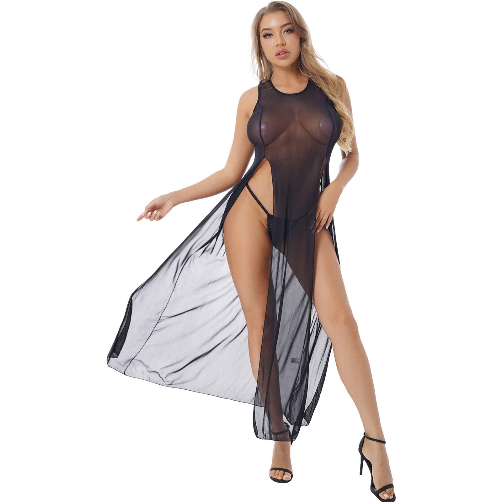 Robe-de-nuit-en-maille-transparente-Sexy-fendue-Maxi-v-tements-de-nuit-col-rond-sans