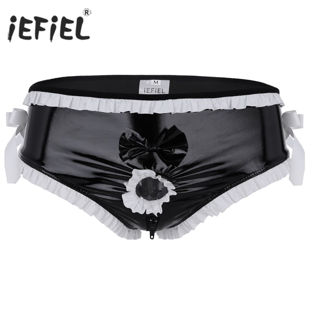 Lingerie-brillante-pour-hommes-culotte-Sexy-ouverte-devant-anneau-de-p-nis-garniture-volants-n-ud