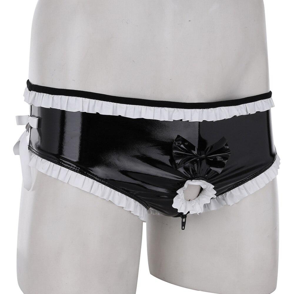 Lingerie-brillante-pour-hommes-culotte-Sexy-ouverte-devant-anneau-de-p-nis-garniture-volants-n-ud