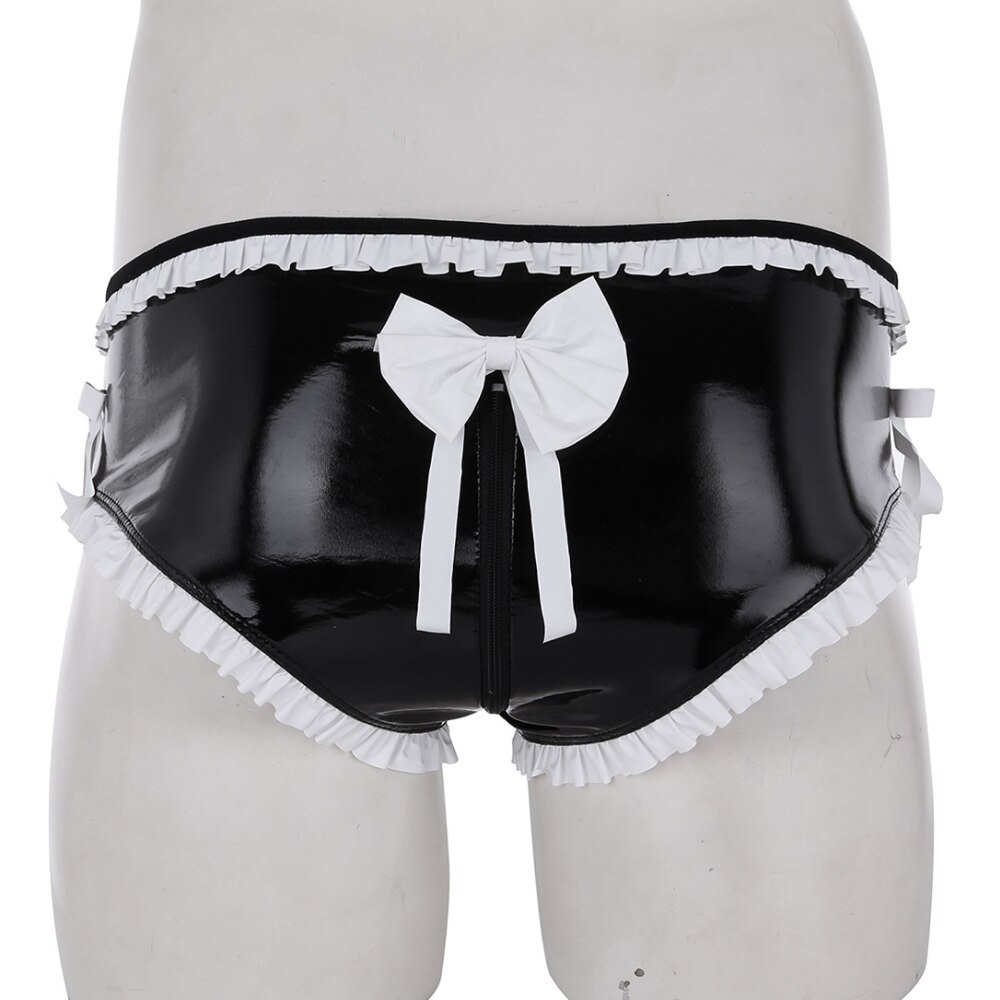 Lingerie-brillante-pour-hommes-culotte-Sexy-ouverte-devant-anneau-de-p-nis-garniture-volants-n-ud