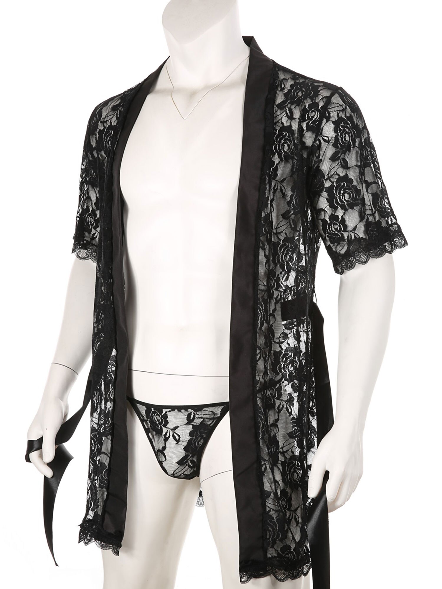 Lingerie-pour-homme-nuisette-transparente-en-dentelle-Cardigan-peignoir-v-tements-de-nuit-avec-ceinture-en