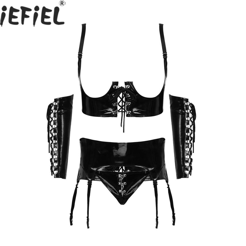 Ensemble-de-Lingerie-en-cuir-verni-pour-femmes-Sexy-Look-mouill-buste-ouvert-demi-tasses-Corset