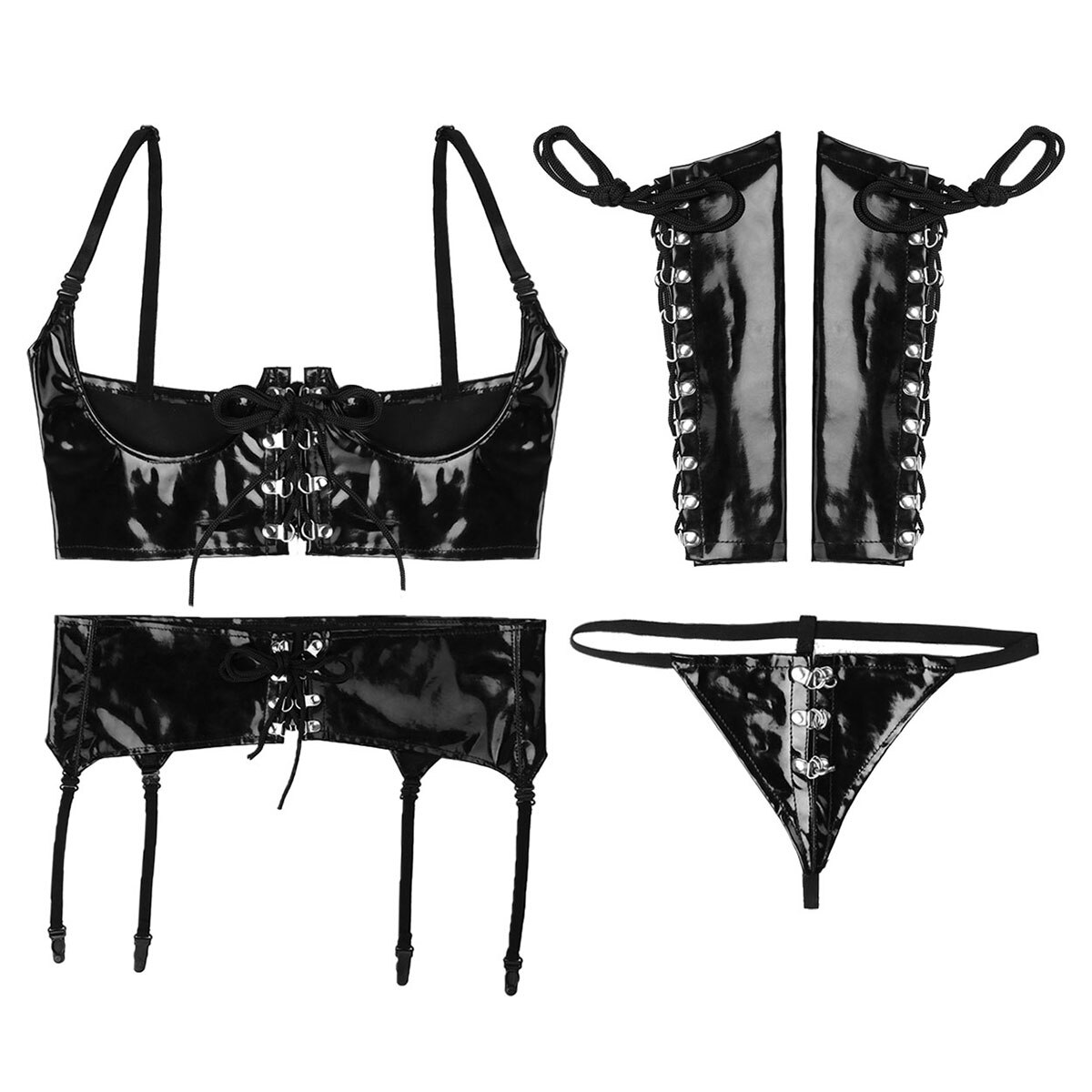 Ensemble-de-Lingerie-en-cuir-verni-pour-femmes-Sexy-Look-mouill-buste-ouvert-demi-tasses-Corset