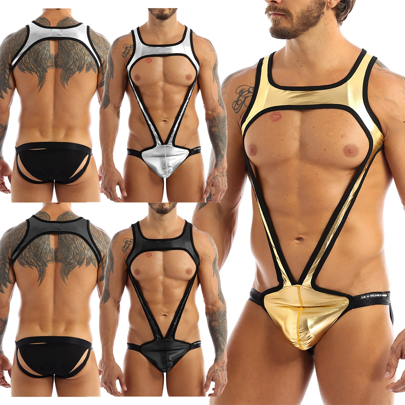 Harnais-m-tallique-brillant-pour-hommes-pochette-bomb-e-jockstrap-Sissy-Gay-Club-lutte-Singlet-body