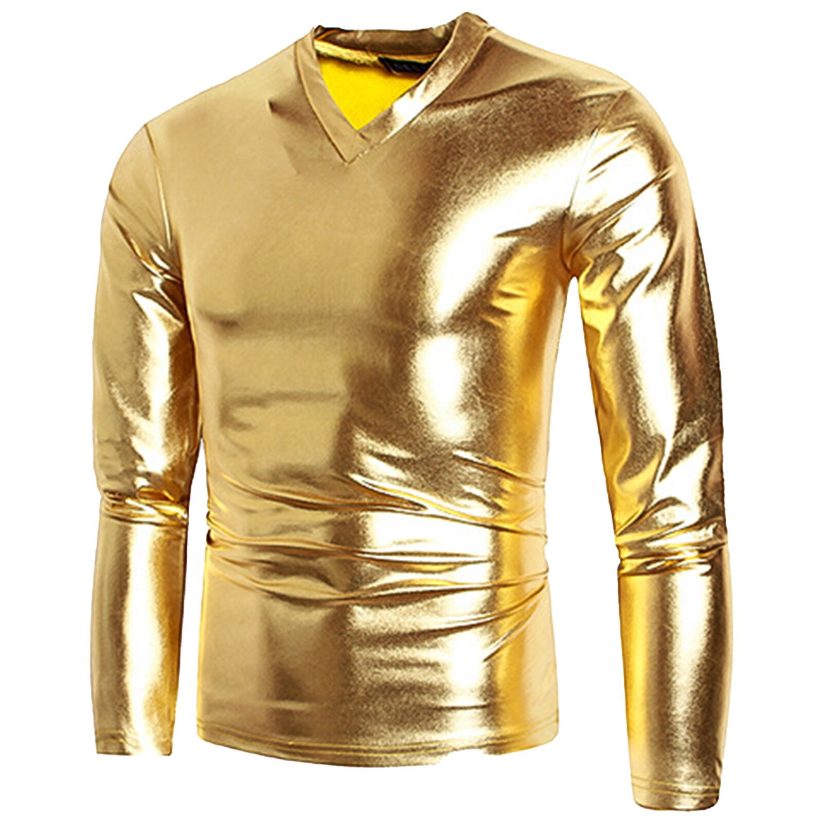 T-shirt-brillant-en-Faux-cuir-pour-homme-haut-m-tallique-brillant-manches-longues-col-en