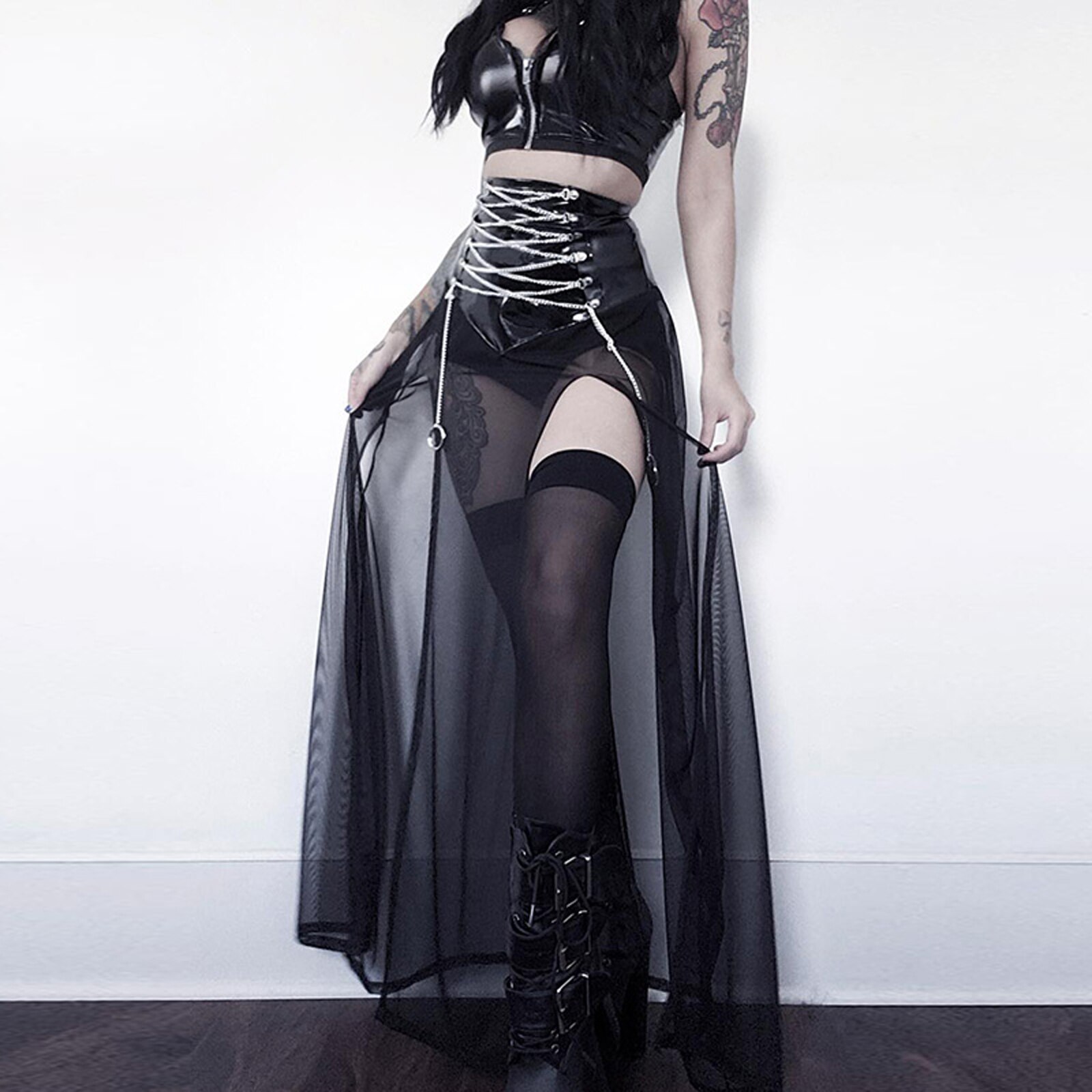 Costume-punk-gothique-pour-femmes-jupe-transparente-en-cuir-verni-avec-cha-ne-m-tallique-et