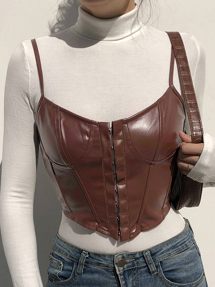 Silm-Soild-Bustier-plongeant-en-cuir-pour-femmes-v-tements-court-dos-nu-Clips-licou-d