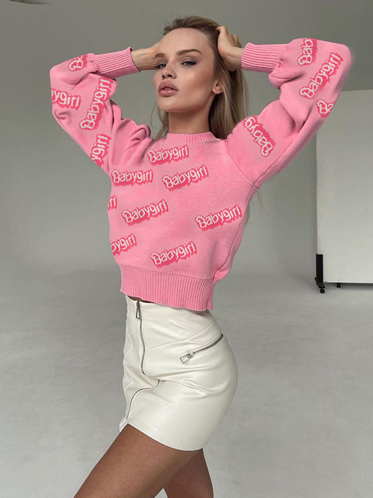 Pull-manches-longues-et-col-rond-pour-femme-ample-imprim-rose-Streetwear-d-contract-la