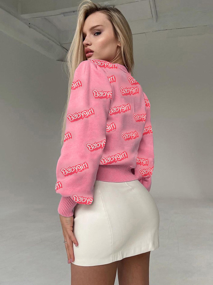 Pull-manches-longues-et-col-rond-pour-femme-ample-imprim-rose-Streetwear-d-contract-la