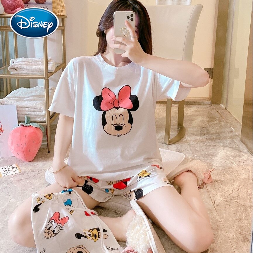 Ensemble-pyjama-Disney-Mickey-Minnie-pour-femmes-v-tements-de-nuit-courts-dessin-anim-mignon-v