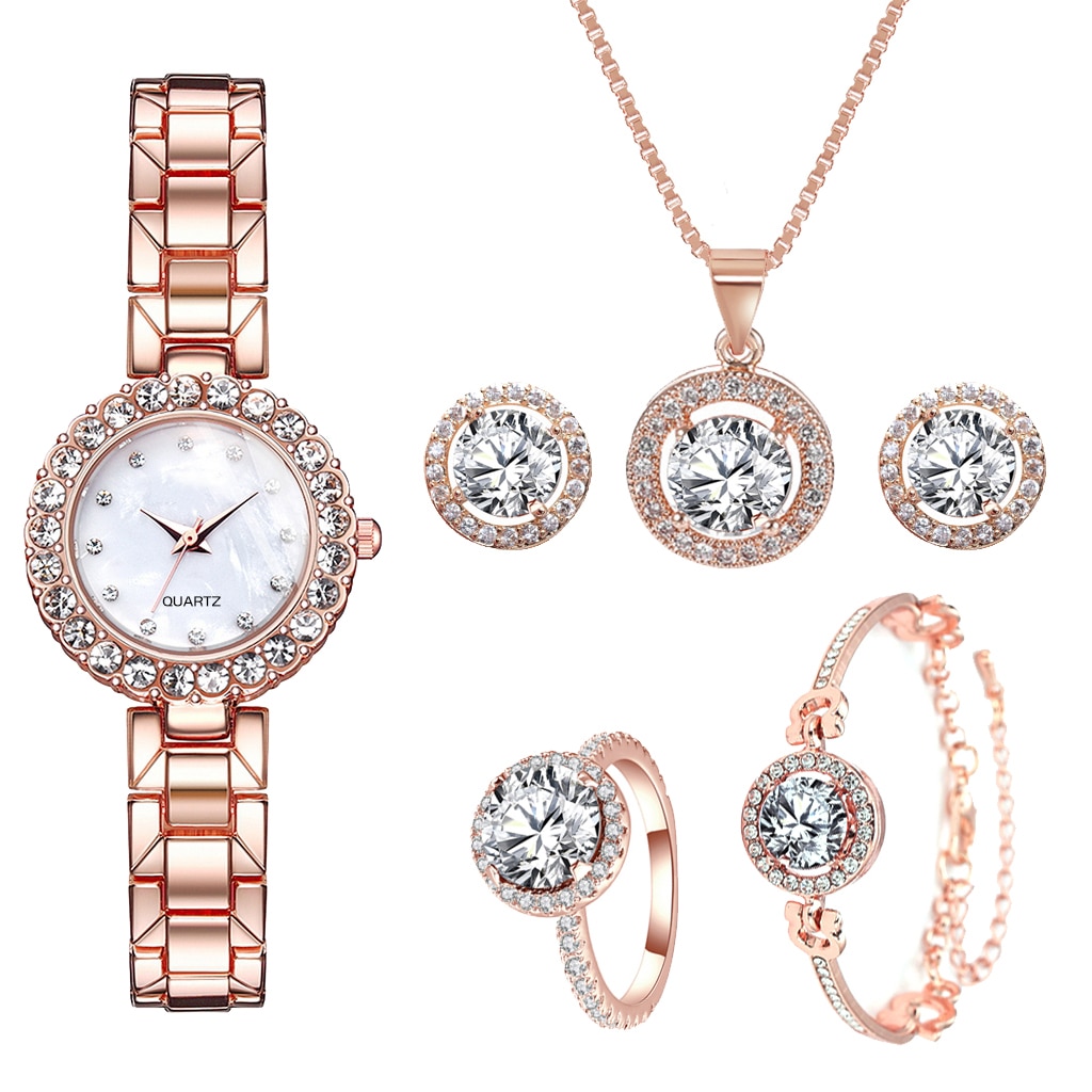 Ensemble-de-montre-de-luxe-pour-femme-bague-collier-boucles-d-oreilles-biscuits-horloge-mode-montre