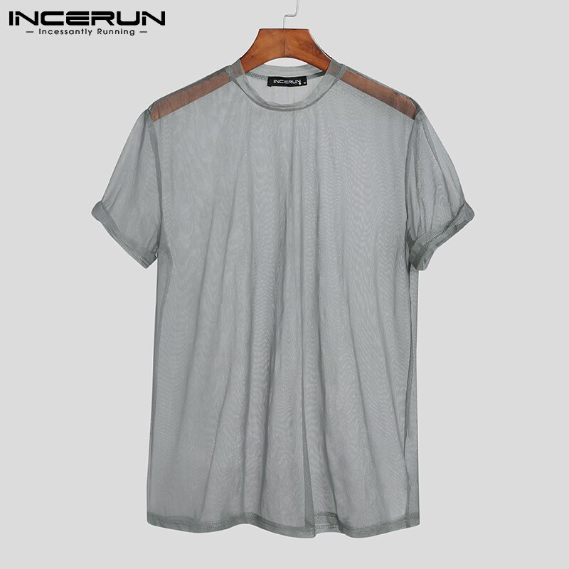 INCERUN-t-shirt-col-rond-manches-courtes-pour-homme-Streetwear-maille-transparente-Sexy-respirant-v-tements