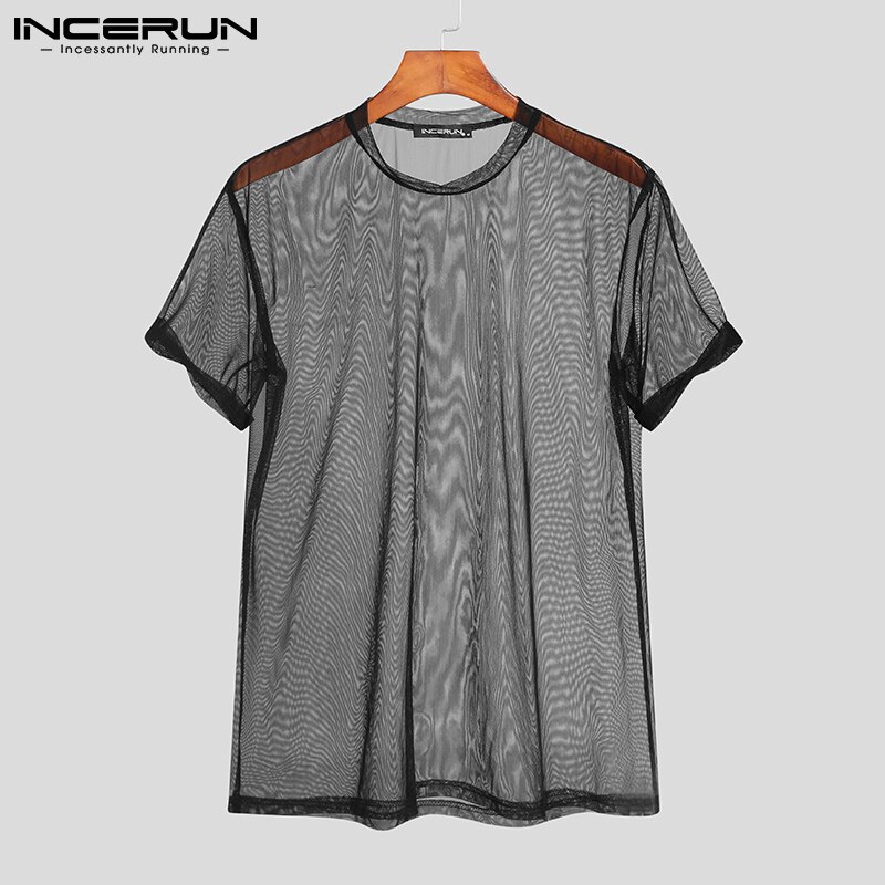 INCERUN-t-shirt-col-rond-manches-courtes-pour-homme-Streetwear-maille-transparente-Sexy-respirant-v-tements