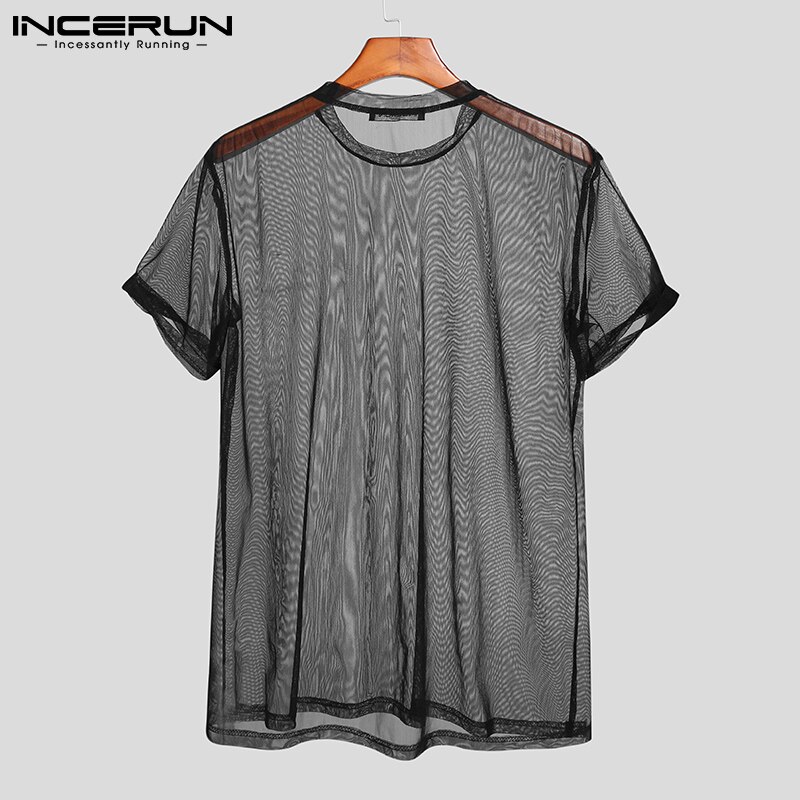 INCERUN-t-shirt-col-rond-manches-courtes-pour-homme-Streetwear-maille-transparente-Sexy-respirant-v-tements