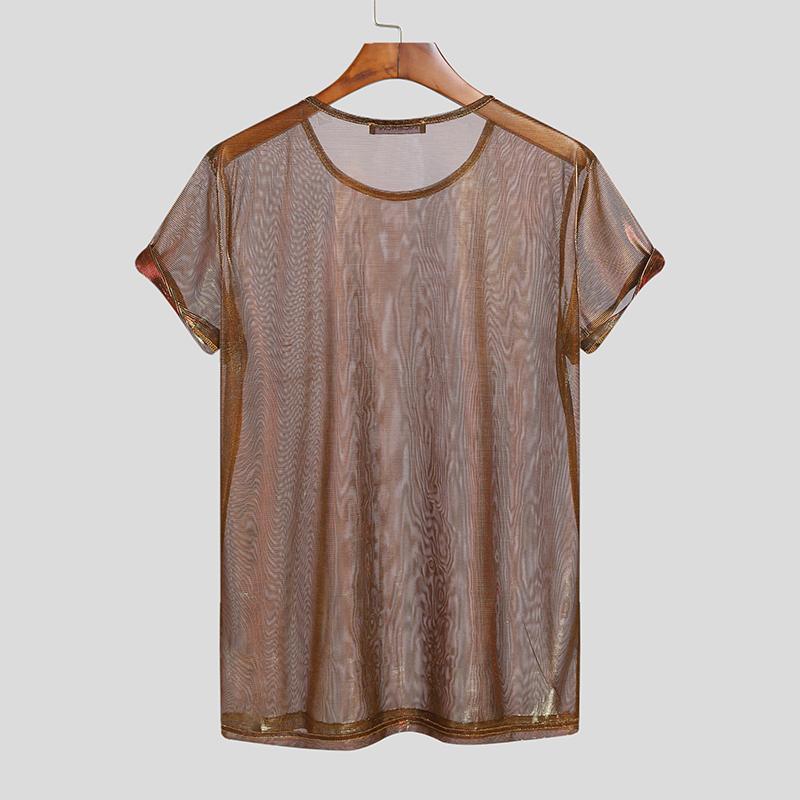 T-shirt-manches-courtes-et-col-rond-pour-homme-haut-en-maille-transparent-brillant-Sexy-Streetwear