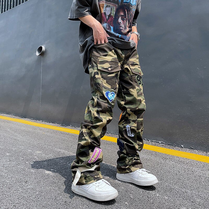 Jeans-de-Camouflage-pour-hommes-pantalon-Cargo-droit-et-d-contract-avec-Patch-brod-Streetwear-marque