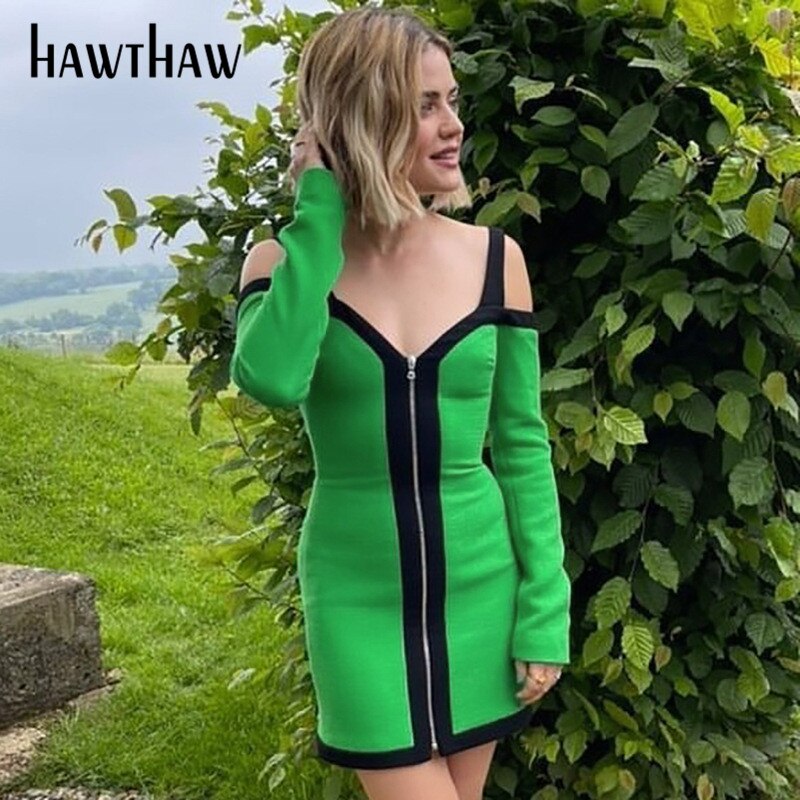 Hawthaw-Mini-robe-moulante-manches-longues-pour-femme-paules-d-nud-es-fermeture-clair-couleur-bloc