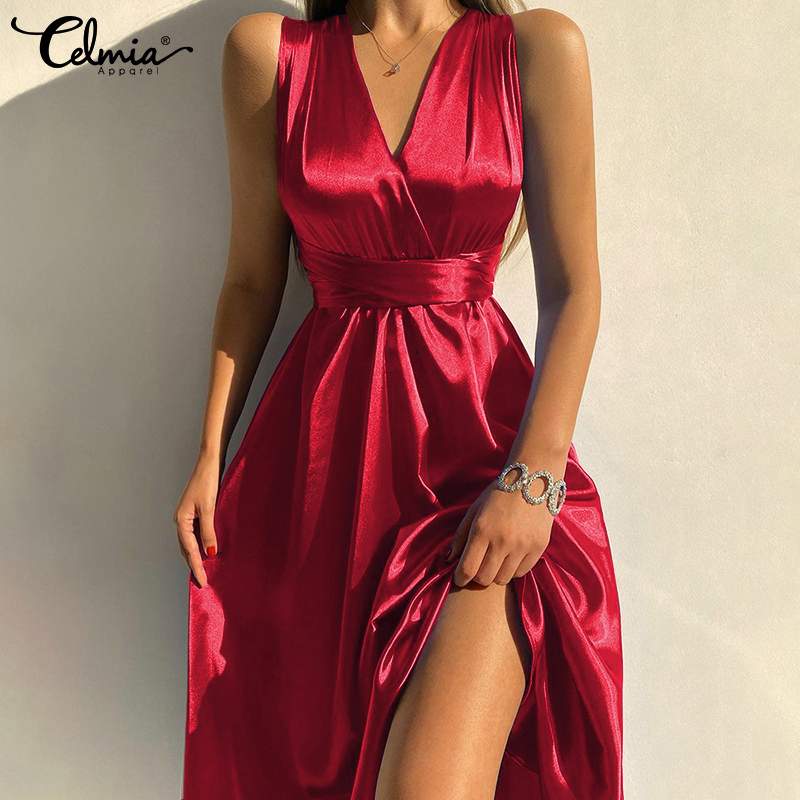 Celmia-robe-longue-de-soir-e-en-Satin-sans-manches-Sexy-col-en-V-sans-noir