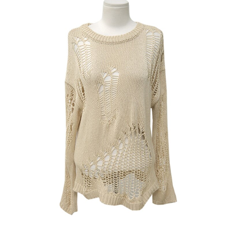 Pull-manches-longues-avec-trous-Style-cor-en-Sexy-ourlet-asym-trique-ample-ajour-fin-tricot