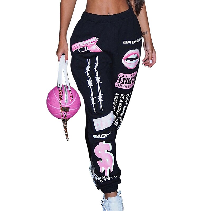 Pantalon-de-surv-tement-pour-femme-Streetwear-imprim-dessin-anim-t-te-de-mort-taille-haute