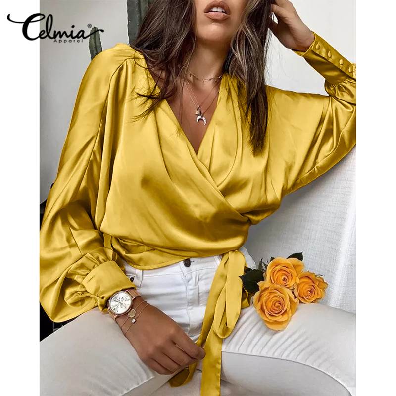 Celmia-chemisier-crois-en-Satin-pour-femmes-col-en-V-l-gant-manches-longues-chauve-souris