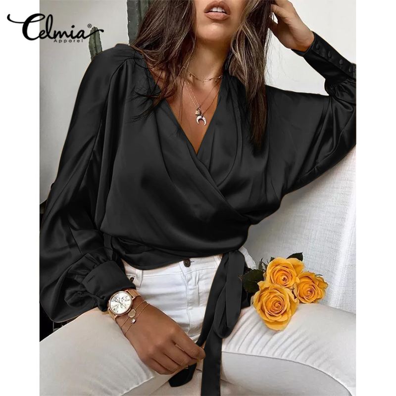 Celmia-chemisier-crois-en-Satin-pour-femmes-col-en-V-l-gant-manches-longues-chauve-souris