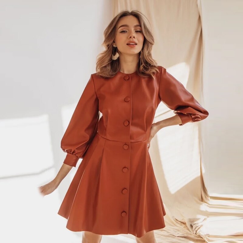 Mini-robe-en-cuir-Pu-manches-bouffantes-et-col-rond-pour-femme-tenue-de-soir-e