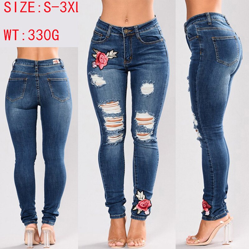 Jeans-extensibles-pour-femmes-jeans-fleurs-lastiques-dames-crayon-pantalon-en-Denim-trou-d-chir-pantalon