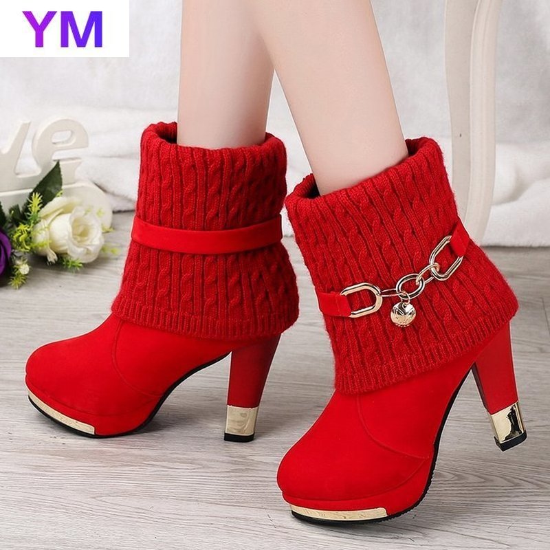 Bottes-talons-hauts-pour-femme-bottines-courtes-bout-pointu-Slim-rouge-noir-chaussures-automne-hiver-offre