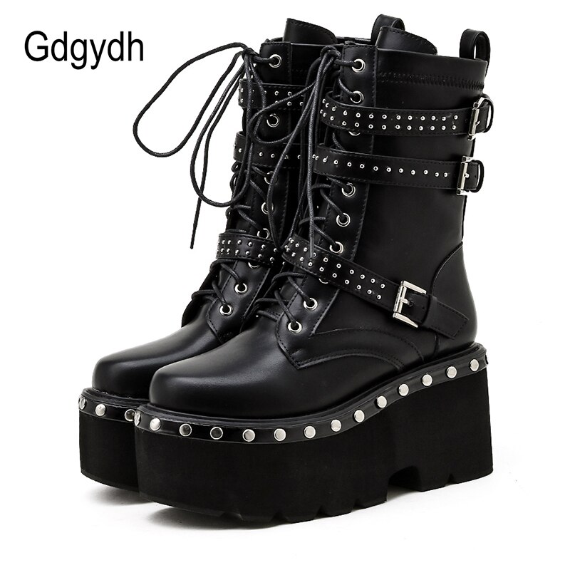 Gdgydh-bottes-de-moto-pour-femmes-chaussures-de-printemps-bout-rond-plateforme-paisse-talons-hauts-Style